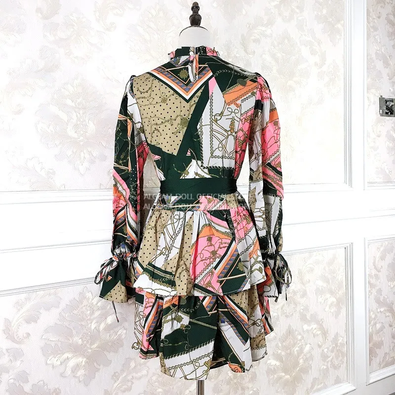 Весна 2020 винтажное платье с принтом и воротником-стойкой OL поясом длинным