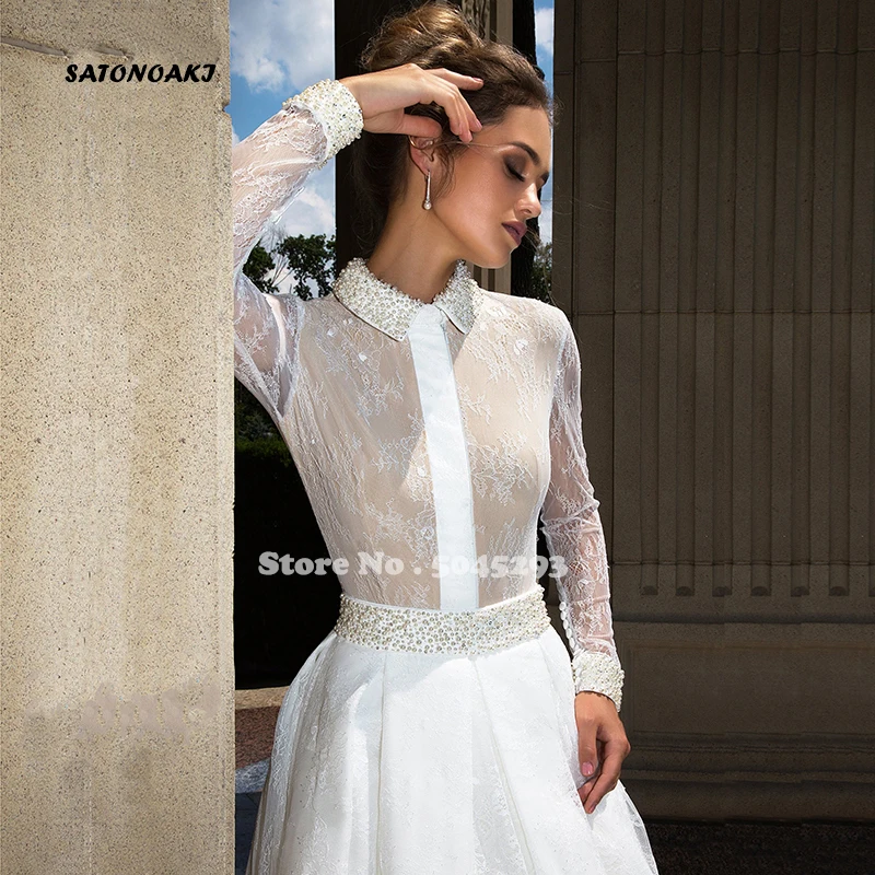 

Vintage Modest White Lace Long Sleeve Wedding Dress Beading Neckline A Line 2021 Bridal Gowns Vestido De Novia Mariage Undefined