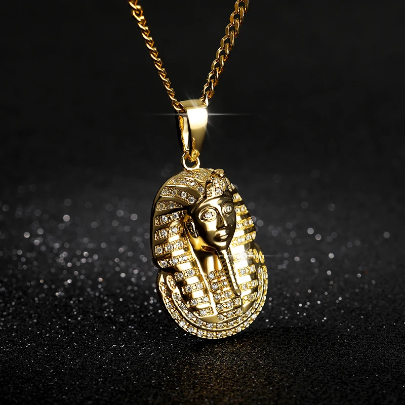 

Punk Stainless Steel Iced Out Zircon Necklaces For Men Egyptian Pharaoh King Pendant Necklace Hip Hop Chain BFF Collier