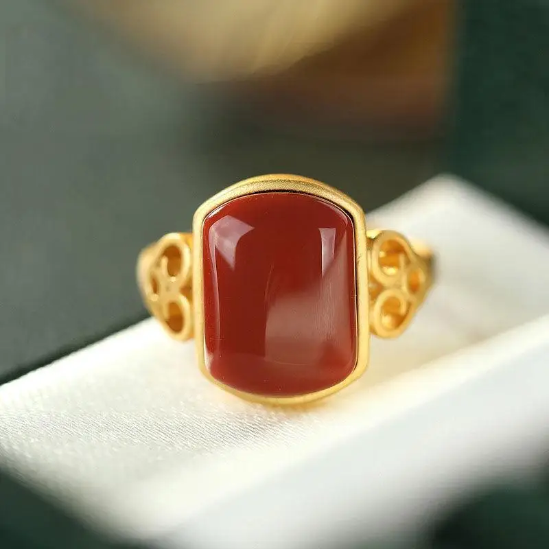 

Southern Red Agate Ring Female S925 Sterling Silver Jade Court Retro Personalized Index Finger Ring Square Elegant Adjustable B