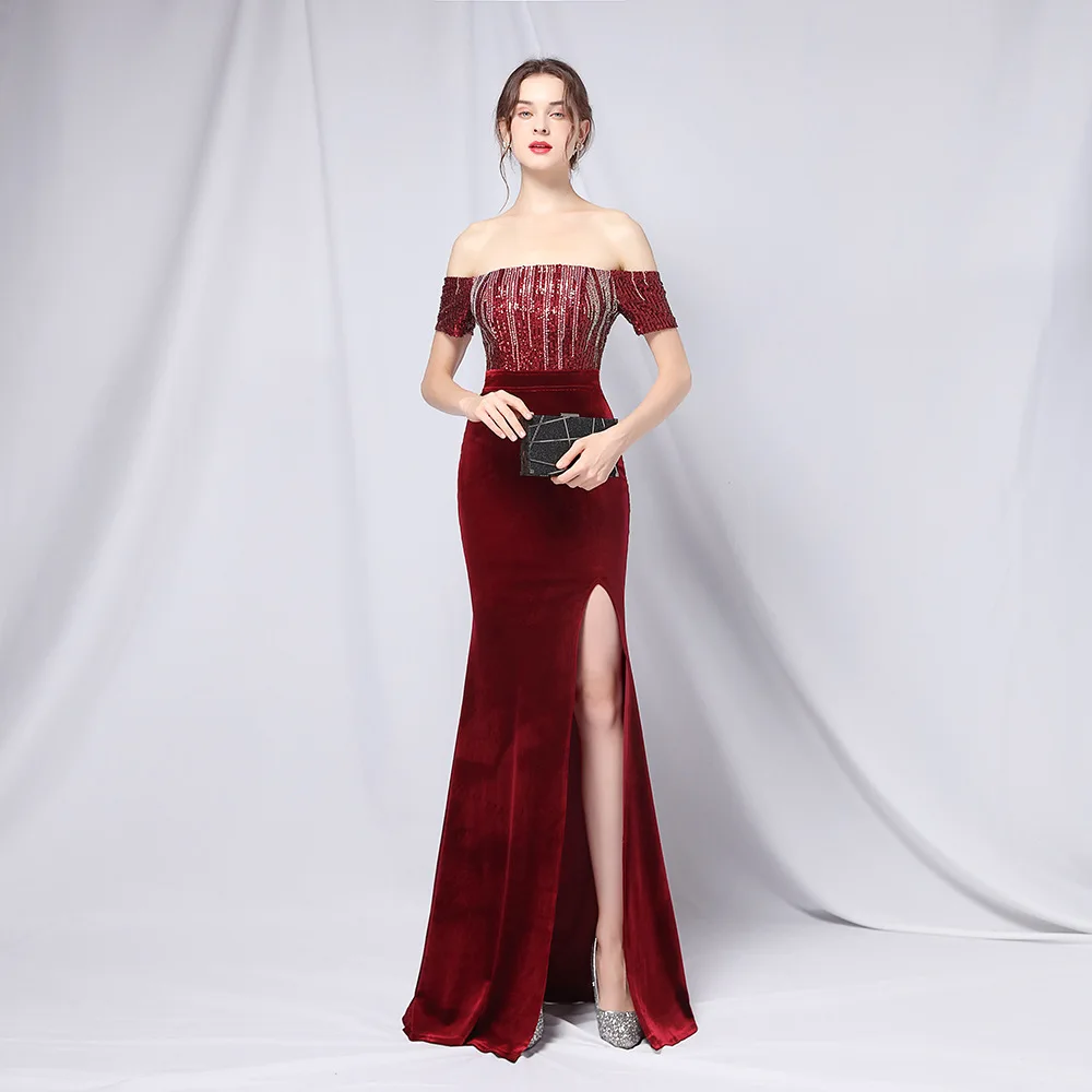 Red Sequins Flannel Off Shoulder Short Sleeve Side Split Luxury Dresses For Women 2021 Elegant Wedding Party Dress Sexy Clubwear