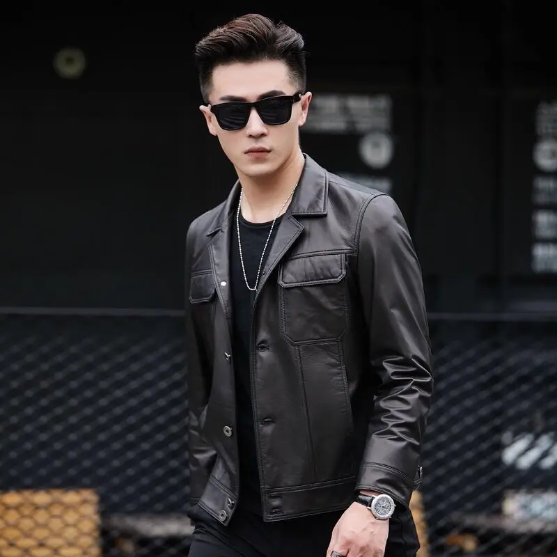 

2021 New Spring Autumn Men Vintage Korean Style Solid Faux Leather Clothing Cool Jacket Male PU Leather Slim Business Coat S223