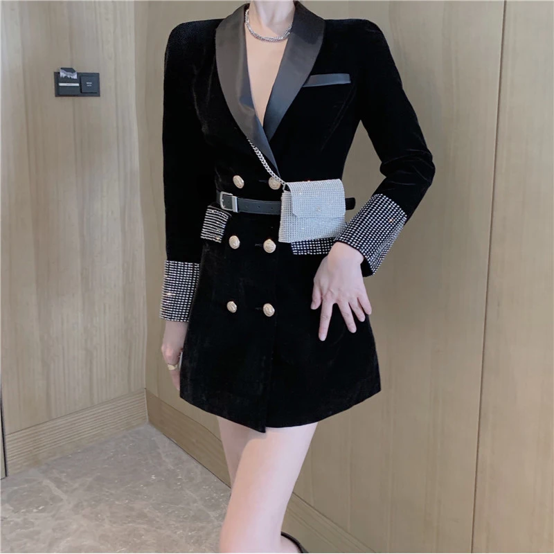 

2020 Autumn Winter Women New Fashion Long Sleeve V-Neck Office Lady High Waist Double Breasted Slim Dress
