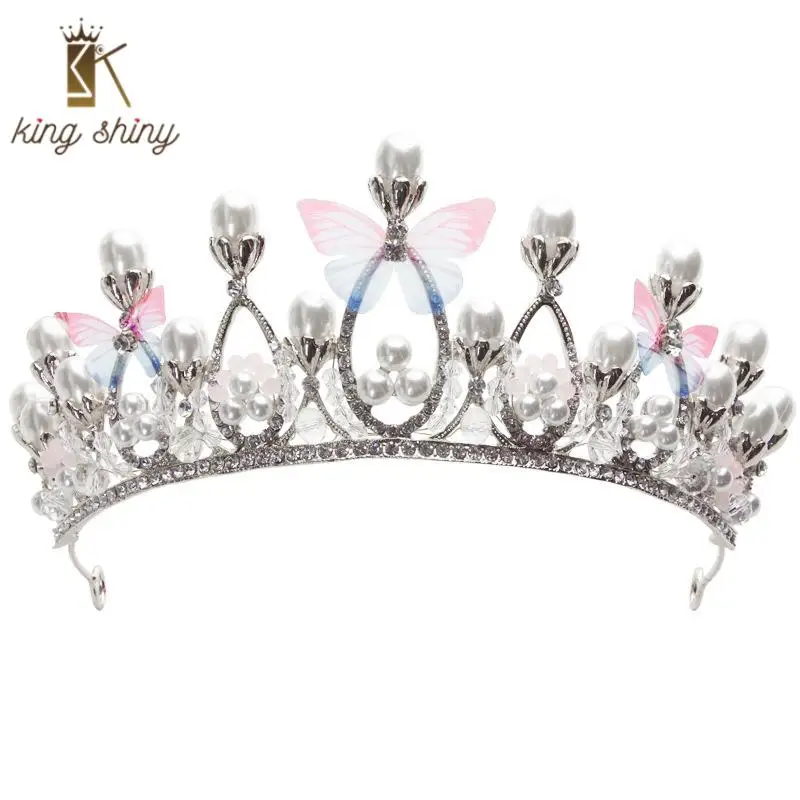 

Vintage Baroque Butterfly Bridal Wedding Crown Elegant Simulated Pearl Rhinestone Headband Princes Party Hair Accessory Headwear