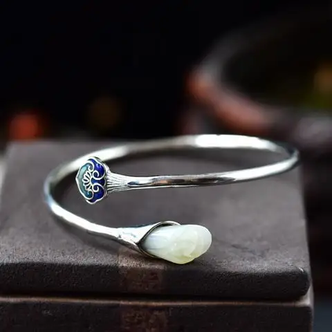 

S925 Sterling Silver Hetian White Jade Rose Cloisonne Women's All-Match Antique Elegant Open Silver Bracelet Bracelet