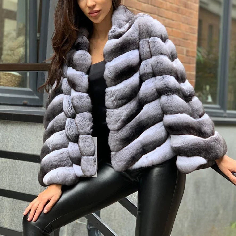 Luxury Women Genuine Rex Rabbit Fur Jacket Stand Collar 2022 New Winter Fashion Real Rex Rabbit Fur Coats Woman Outwear Natural