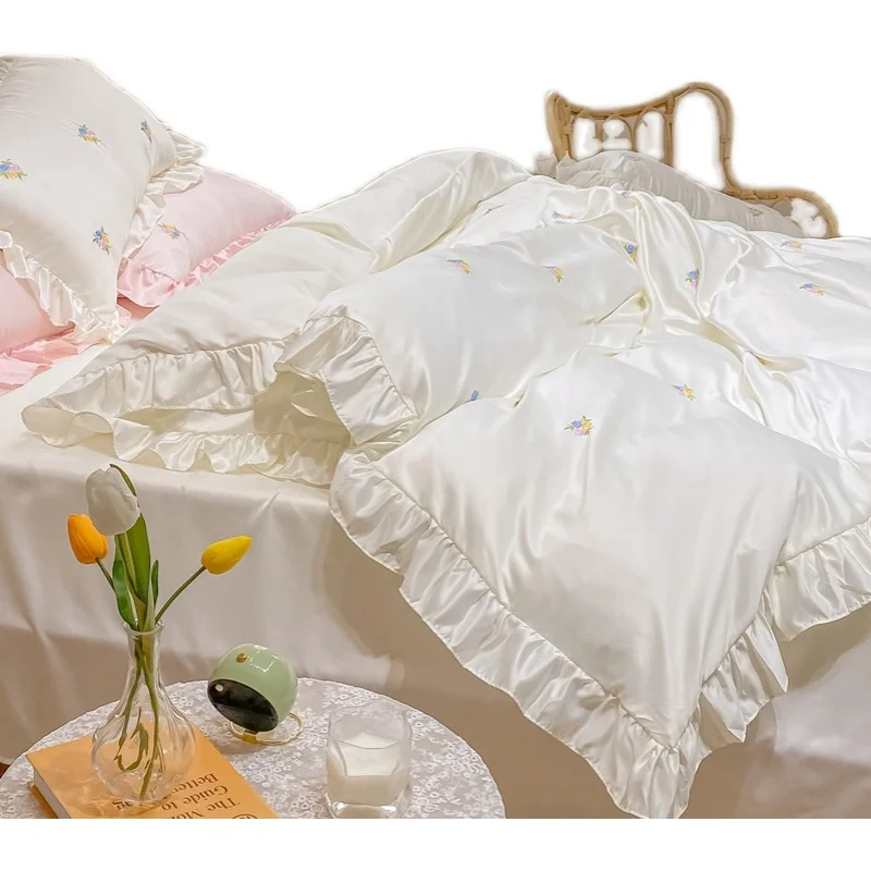 

Summer ice silk Four Piece Set Princess wind fairy girl heart white lace net red new quilt cover sheet hat bed