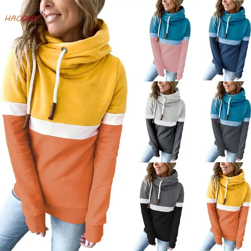 

Solid Color Stitching Casual Turtleneck Hoodie Women Hooded Hoodie Women Women Clothing Urban Commute 2021 New Autumn Winter