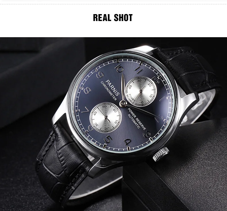 Parnis 43mm Silver Case Automatic Mechanical Men's Watch Power Reserve Black Leather Strap Men Watches heren horloge Luxury