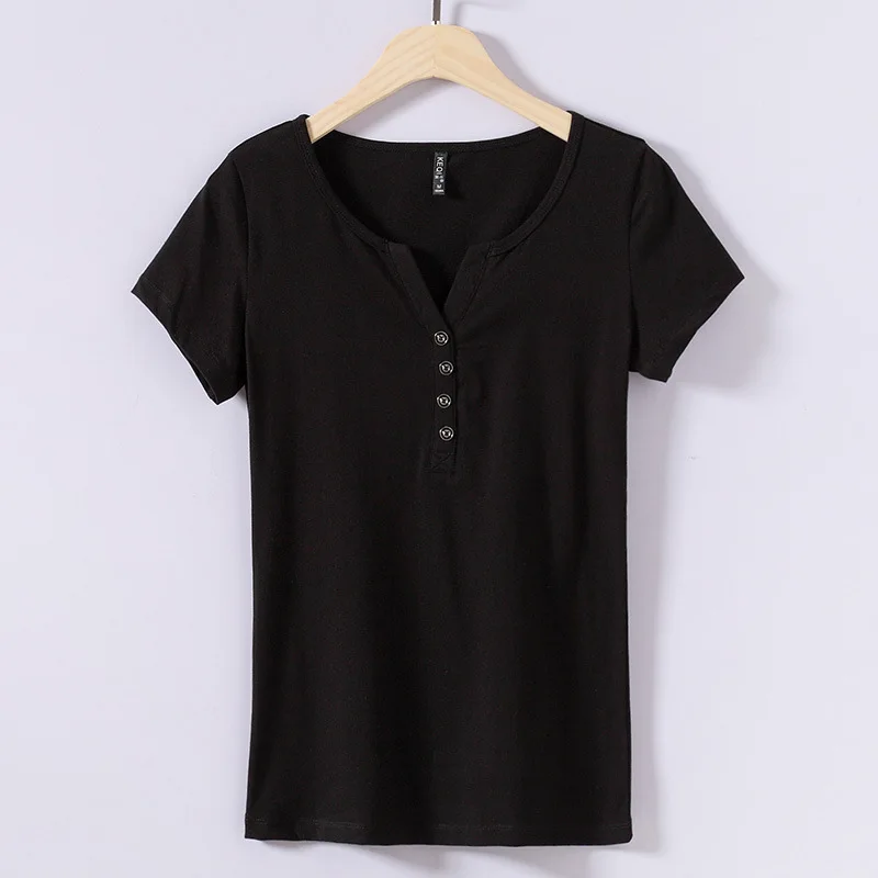 

2021 fashion Korean V-neck short sleeve women's T-shirt button fashion spring and summer small shirt show thin top new 1807