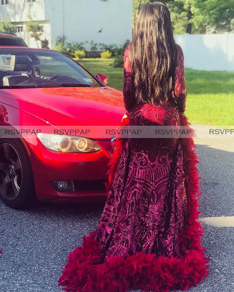 

Long Burgundy Prom Dresses 2020 High Neck Mermaid Long Sleeve Black Girls Feather Elegant Prom Party Gowns