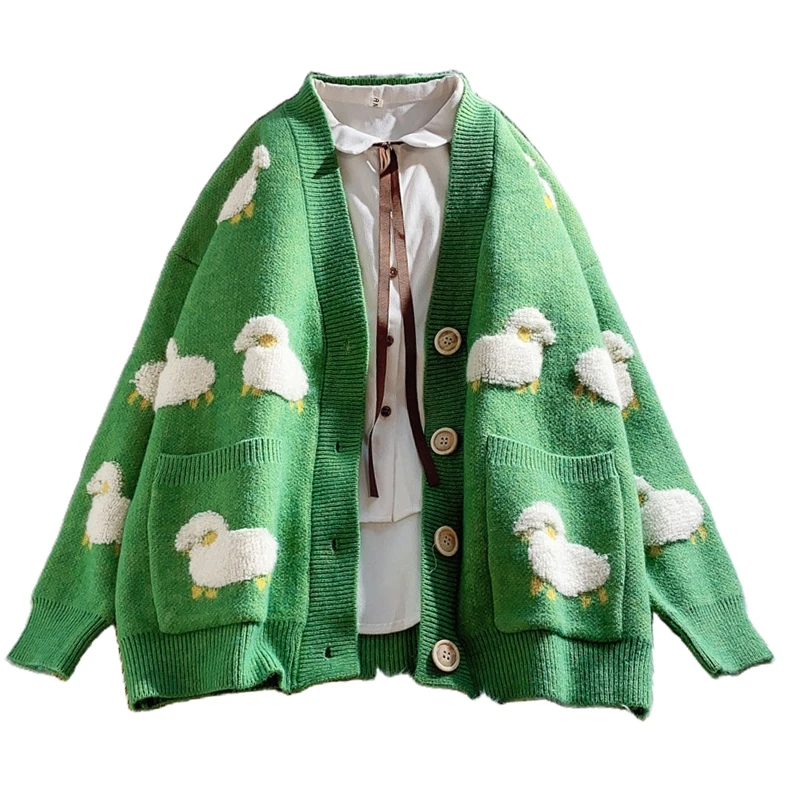 

K5DA Women Autumn Long Sleeve Knitted Cardigan Cute Cartoon Sheep Print Single Breasted Sweater Coat Oversized Loose V-Neck with