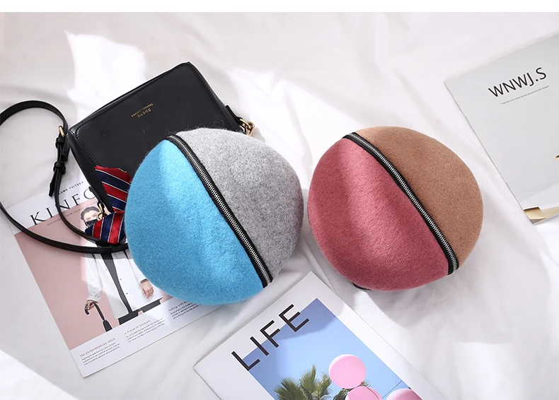 Женский шерстяной берет на молнии два цвета для весны осени и зимы | Аксессуары