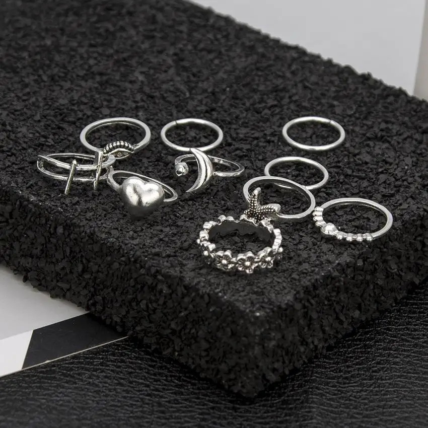 

Bohemian Retro Flower Leaves Ring Geometric Hollow Evil Eye Cross Moon Silver Color Rings Set Women Wedding Anniversary Jewelry