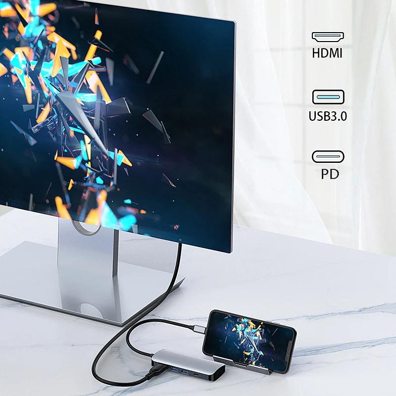 7 в 1 док-станция Type-C USB-C сплиттер подключенный к ноутбуку многофункциональная