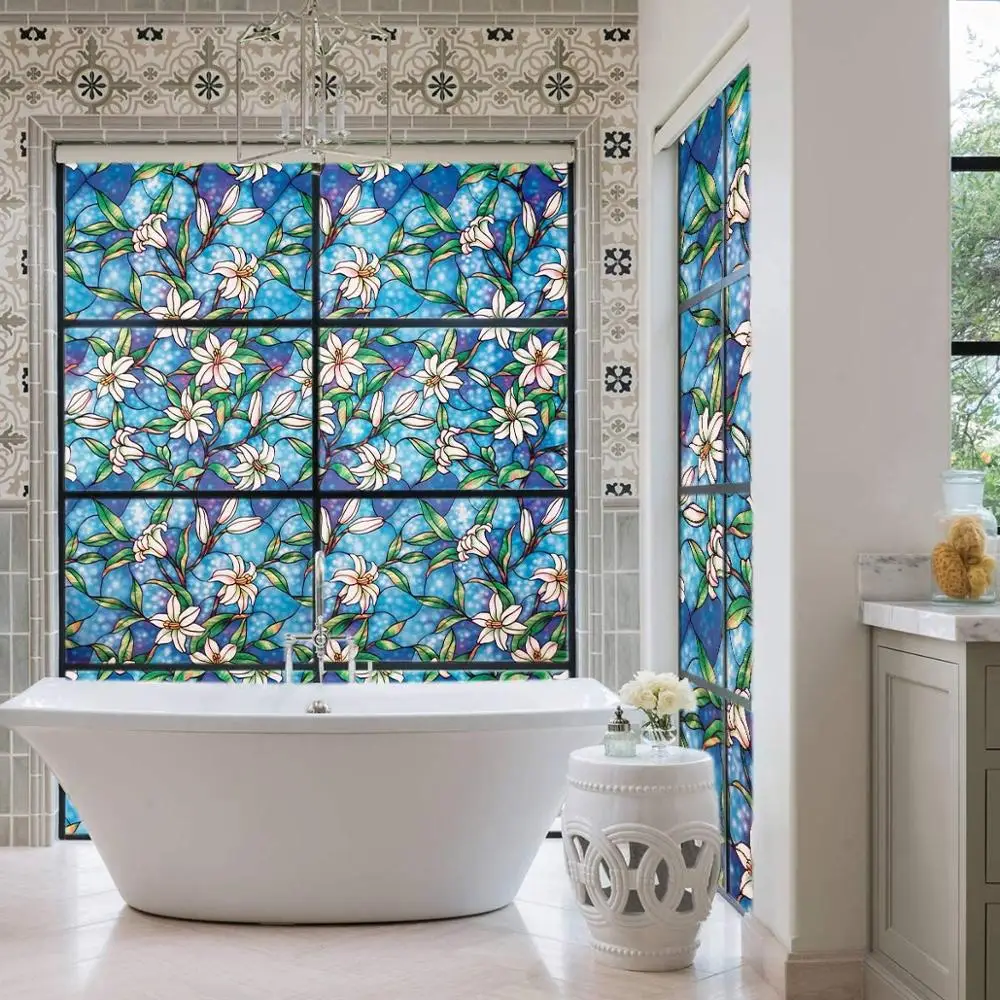 

LUCKYYJ Stained Glass Window Film Color Flower Pattern Privacy Window Film Decorative Glass Film No Glue Anti-UV Window Sticker
