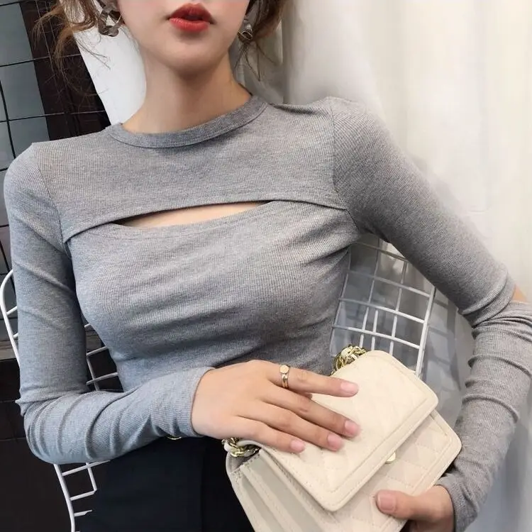 

Women Long Sleeve Crop Tops Sexy Deep O Neck Basic Solid Black White Casual Tshirt Sexy Women Crop Tee Shirt Summer Autumn T02
