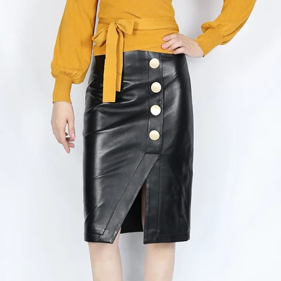 black Faldas Mujer Moda зимние женские из натуральной кожи простые золотые пуговицы длинная юбка миди Femme Slit Jupe черный/белый Saias - Цвет: black