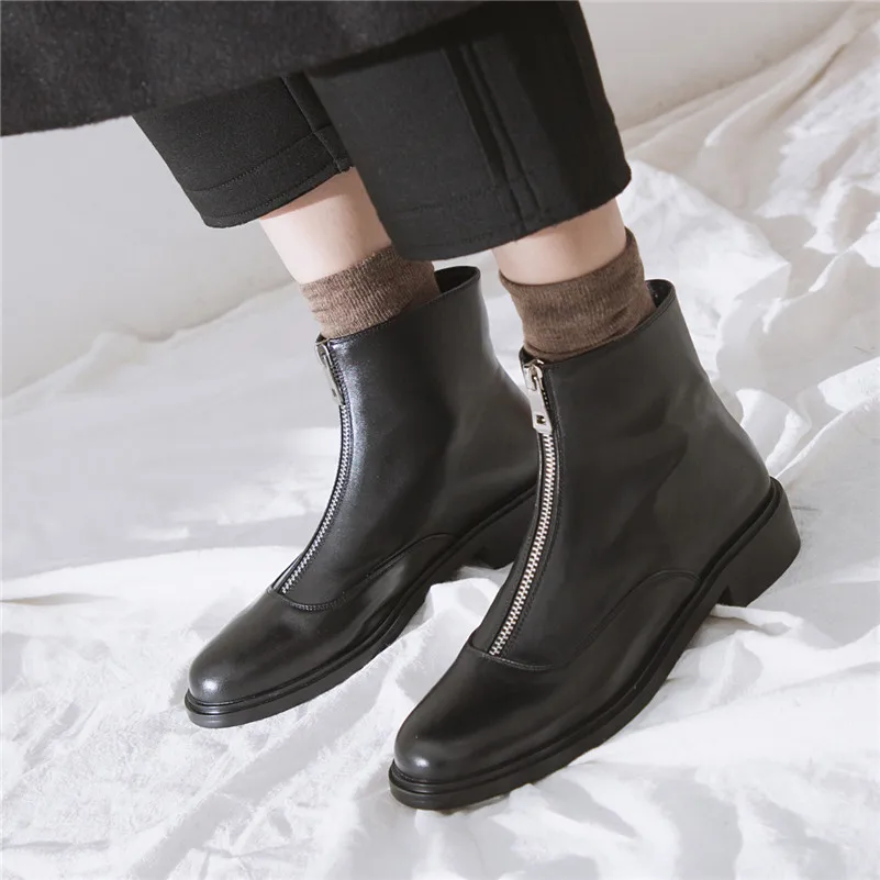 

Meotina Autumn Ankle Boots Women Natural Genuine Leather Thick Heels Short Boots Zipper Round Toe Shoes Female Black Size 34-39