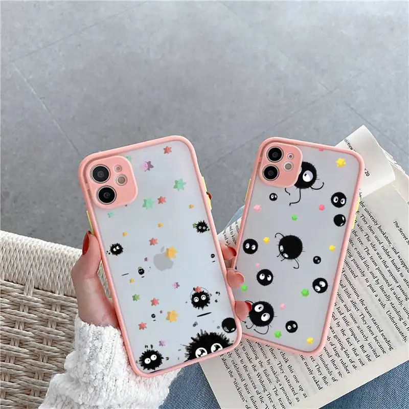 

Ghibli Spirited Away Soot Totoro Phone Case For iPhone 12 11 Mini Pro XR XS Max 7 8 Plus X Matte transparent Pink Back Cover