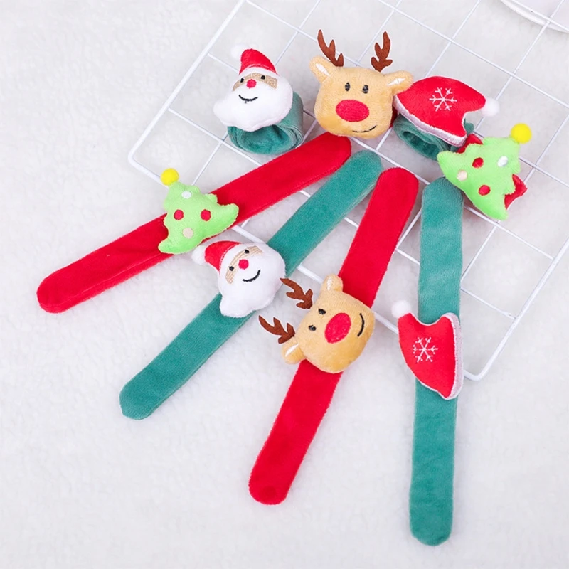 

Christmas Slap Bracelet Cartoon Santa Claus Hat Deer Tree Plush Doll Circle Wrist Band Armband for Xmas Decoration Kids Party Fa