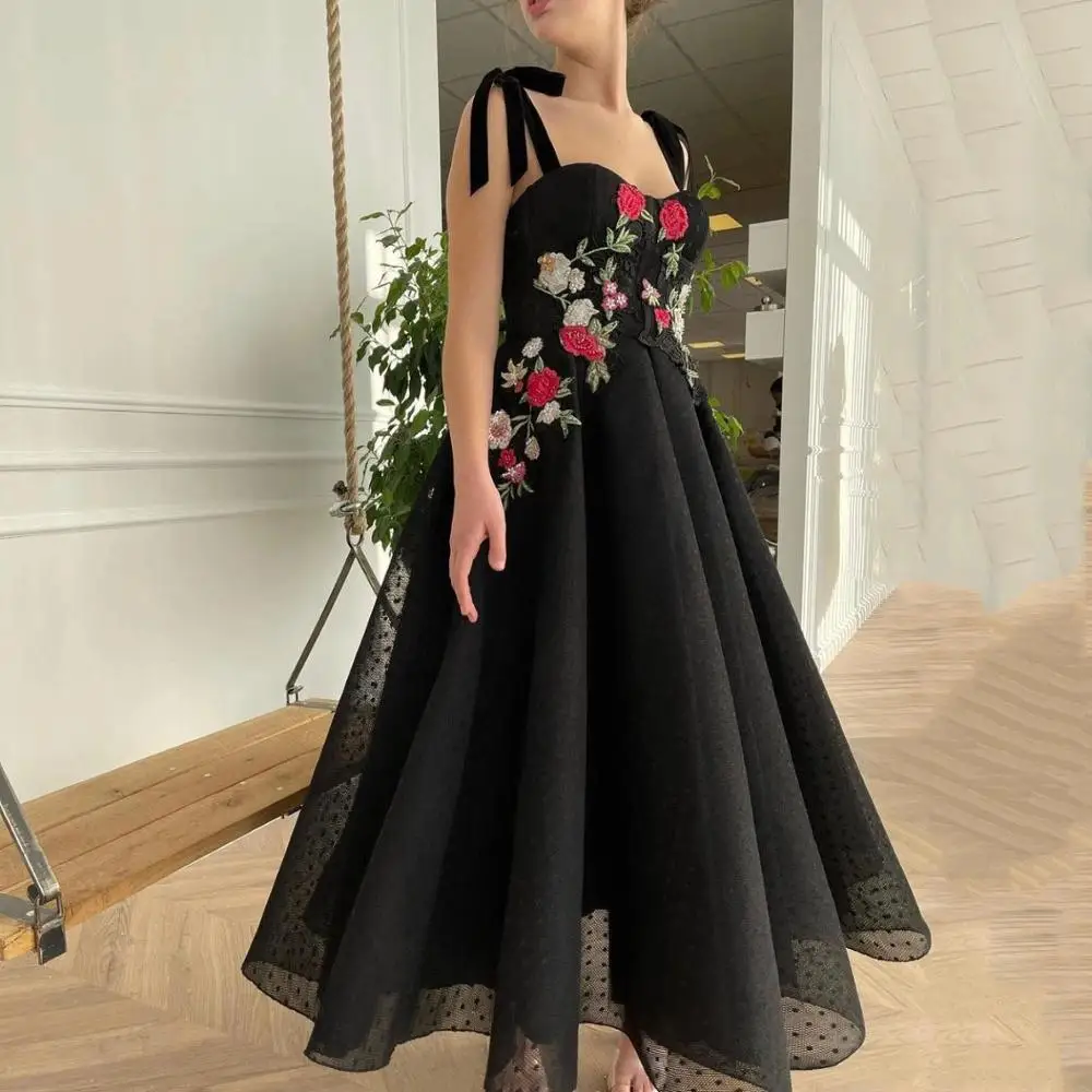 

Thinyfull Black Dotted Tulle Blossoming Evening Dresses Sweetheart Tea Length Two Piece Prom Dress Bodice Party Dress