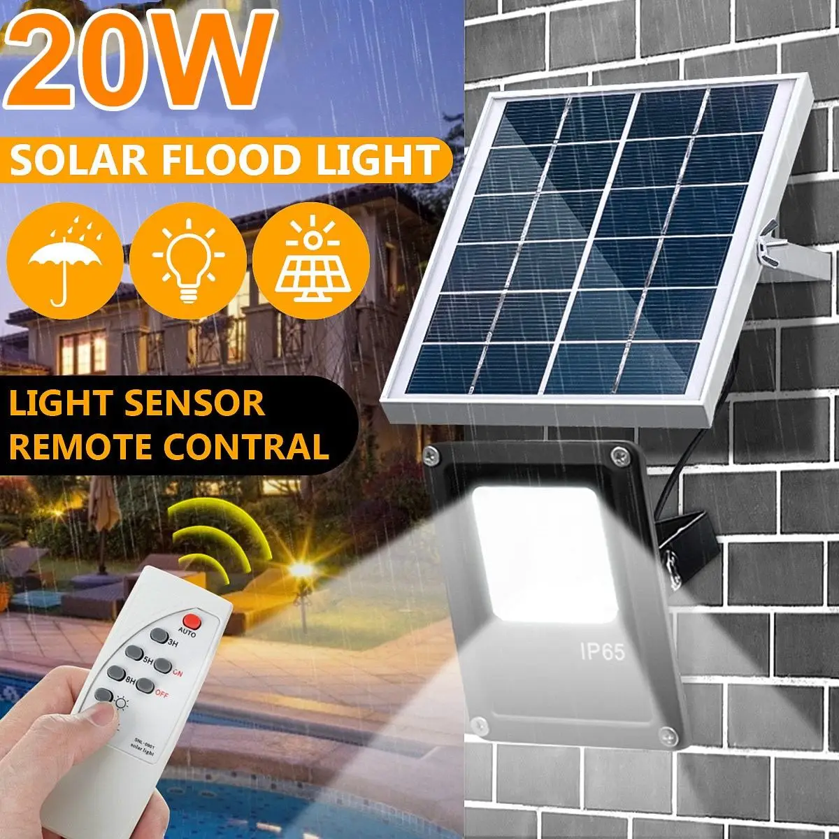 

LED Solar Lamp with Remote Control 20W Waterproof IP65 Timer Lighting Control Outdoor Lighting Floodlight Garden Wall Lamp