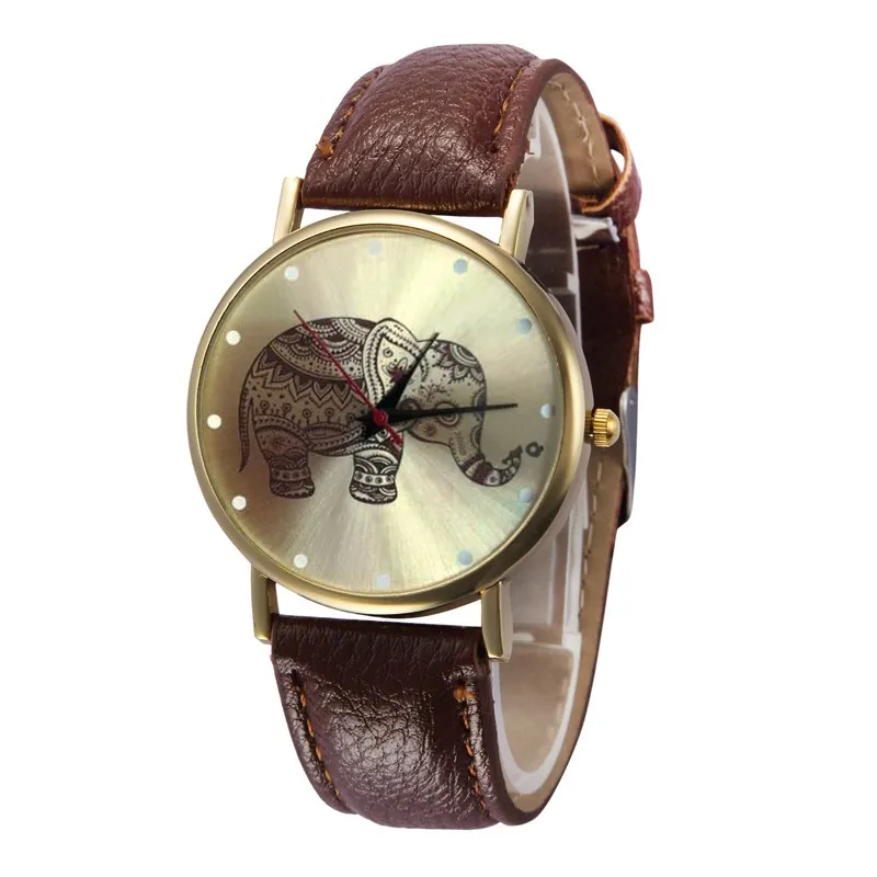 Модные милые женские часы с золотым Рисунком Слона кожаный ремешок кварцевые