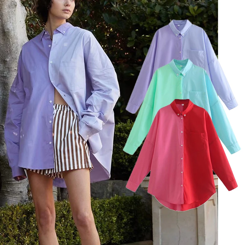

2022 Spring Autumn Women Oversized Blouse Shirt Single Breasted Casual Patchwork Tops Long Sleeve Female Turn Down Collar Shirts