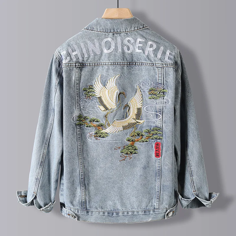 

Embroidery Denim Jacket Men 2021 Fashion Plus Size Casual Streetwear Fashion Ripped Slim fit Cotton Light Blue Denim Jacket Male