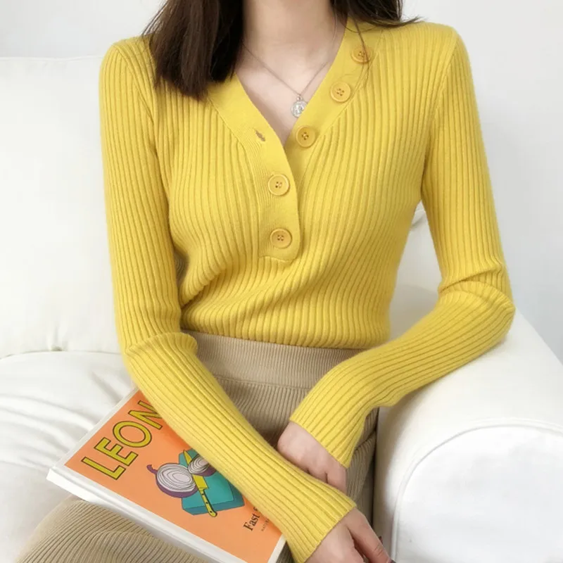 Women Sweater Winter Tops Long Sleeved V Neck Buttons Brown Sweaters Korean Knitted Pullover girl Fashion Bottoming Shirt | Женская