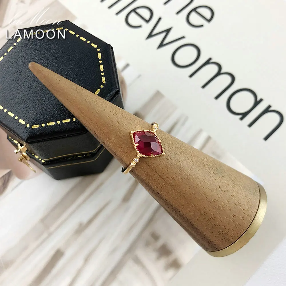 

LAMOON 925 Sterling Silver Ring For Women Elegant Vintage Olive shape Red Corundum 14K Gold Plated Fine Jewelry Rings LMRI100