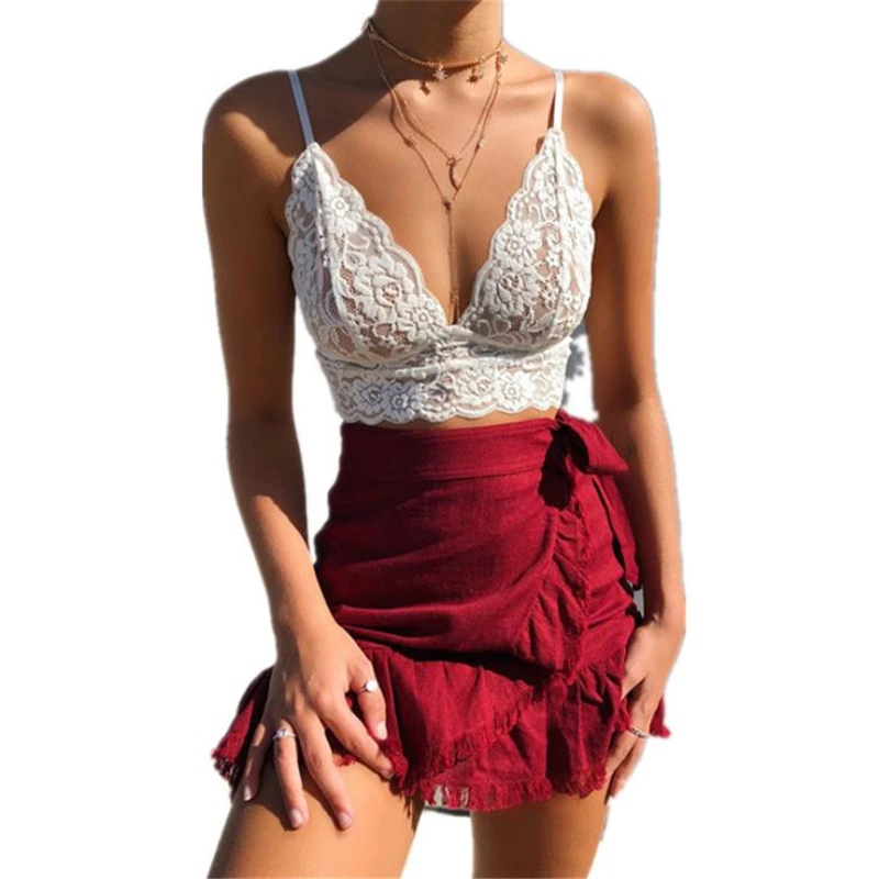 Для женщин Танки 2020 Летняя вязанная майка цветочный кружевной бюстгальтер без