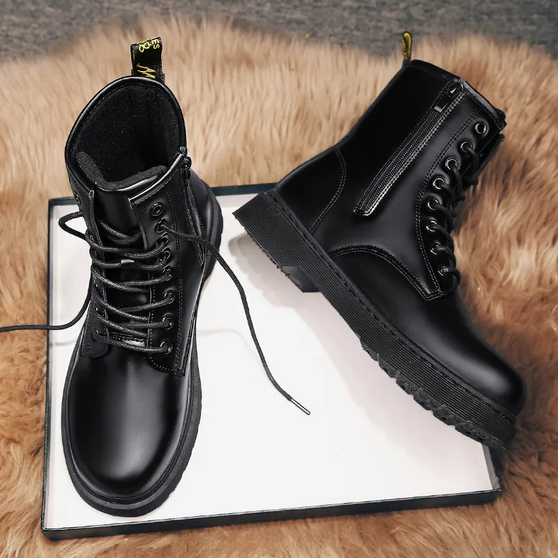 

Fashion Military Men Boots Youth Black Martins for Men Autumn Winter Spring Men's Leather Boots Plus Velvet Army Martens Shoes