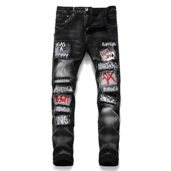 Men's jeans slim-fit small-foot stretch jeans with washed ripped embroidery tiger letters embroidery Autumn winter new black