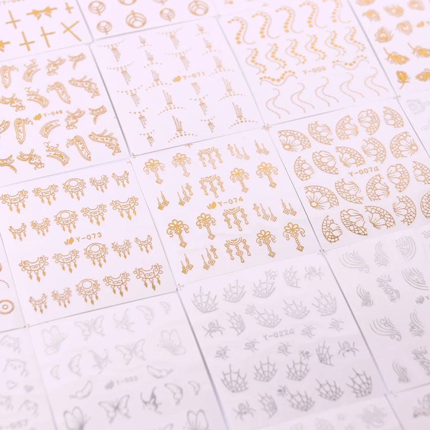 30 шт./компл. золотые и серебряные наклейки для ногтей перо цветок паук дизайн