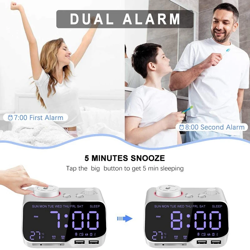 Promotion! Digital Alarm Clock Radio Bluetooth Speaker 12/24 H Dimmer Dual Snooze Thermometer Sleep Timer White US Plug | Дом и сад