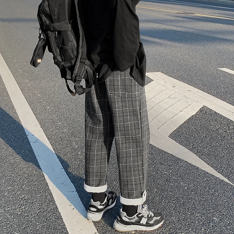 

Spring Autumn Retro Plaid Woolen Pants Male Korean Version of All-match Students Straight Casual Wide-leg Small Trousers