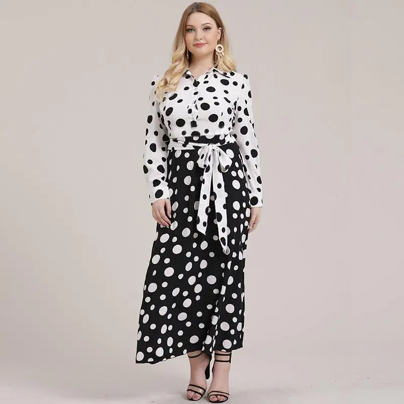 5XL размера плюс в горошек женское платье 2019 осеннее с длинными рукавами для