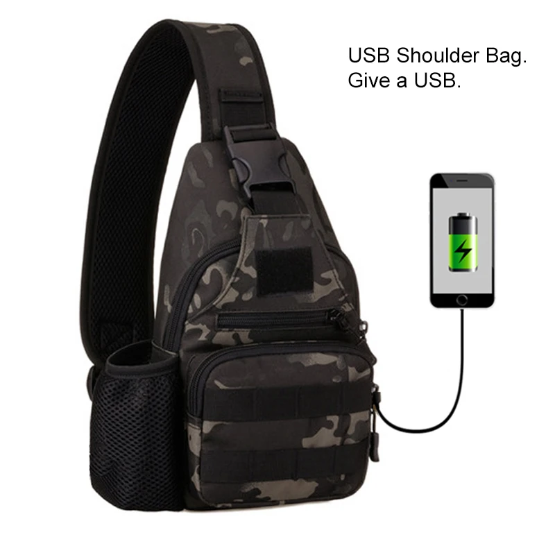Black camouflage USB Тактическая Сумка для мужчин, военный корпус облегченной модульной системы переноски снаряжения, открытый водонепроницаемый слинг рюкзак, Охота Спорт альпинизма сумки с USB - Цвет: Black camouflage USB