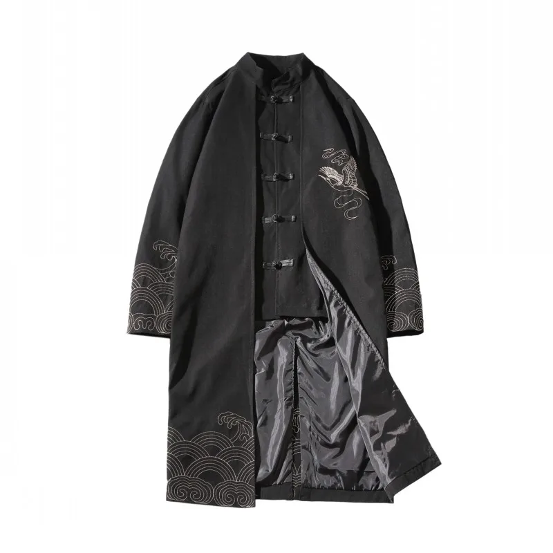 

Vintage Men Long Trench Coat Embroidery Tang Suit Coat Slim Fit Sobretudo Stand Collar Retro Plus Size 5XL Male Windreaker Coats
