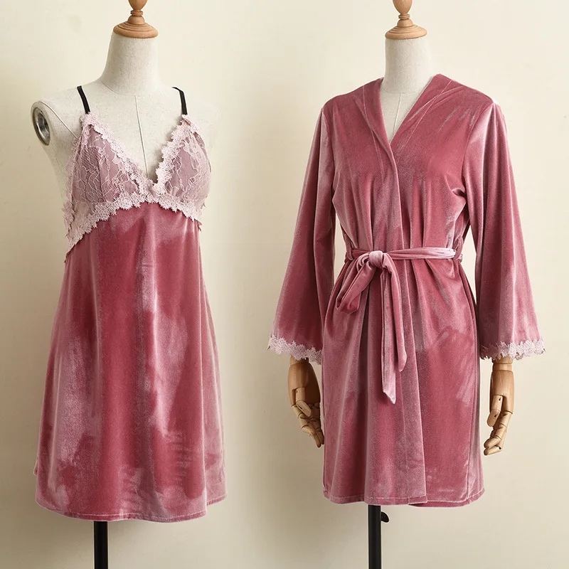 

Velour Home Clothing Intimate Lingerie Long Sleeve Patchwork 2pcs Kimono Robe Set Women Velvet Casual Nightgown Sleepwear