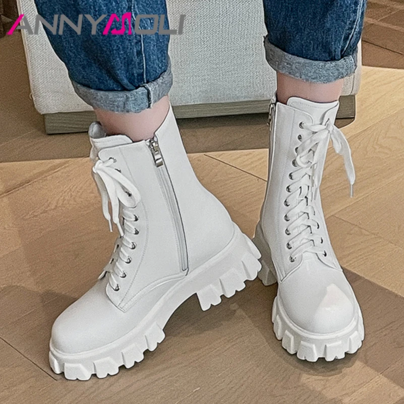 

ANNYMOLI Real Leather Motorcycle Boots Winter Shoes Women Platform Thick High Heel Med Calf Boot Zipper Round Toe Shoes Beige 39