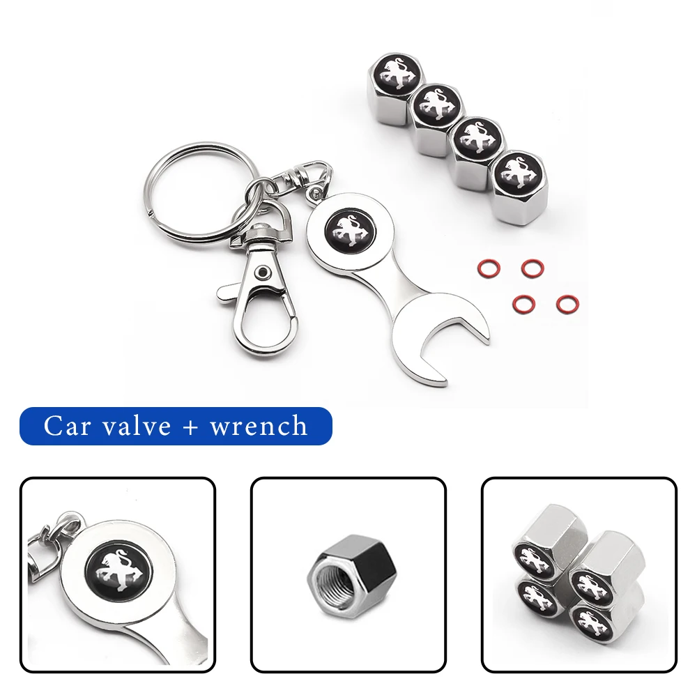 

4pcs Wheel Tire Valve Caps Wheel Tire Parts Valve Stem Cap Cover Car Logo Keychain For Peageot 308 206 207 307 407 607 3008 4008