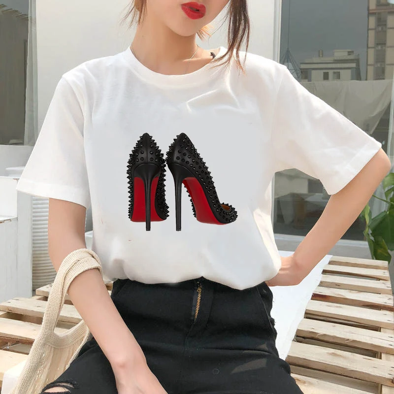 

The Great Wave of Aesthetic T-Shirt Women Tumblr 90s Fashion Graphic Tee Cute T Shirts And Girls high heel Summer Tops Female