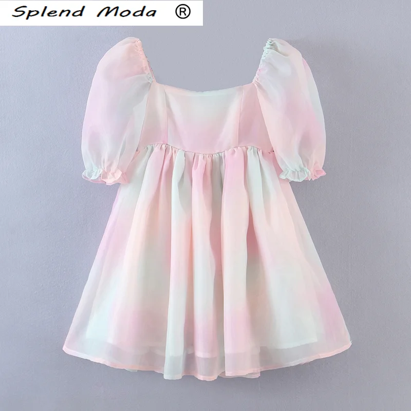 

Splend Moda New Fashion Summer Sweet Chic Rainbow Colors Print Organza Mini Dress Women Streetwear Puff Sleeve Puffy Dresses