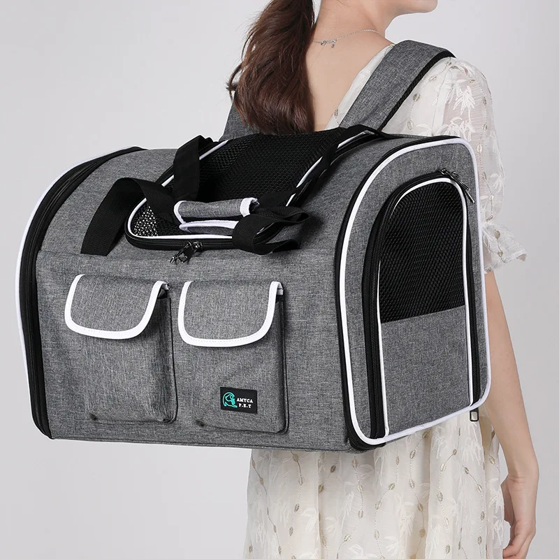 Mochila GRANDE PARA TRANSPORTAR mascotas, bolsa grande de viaje para perros y gatos, mochila de malla con cremallera, transpirable-0