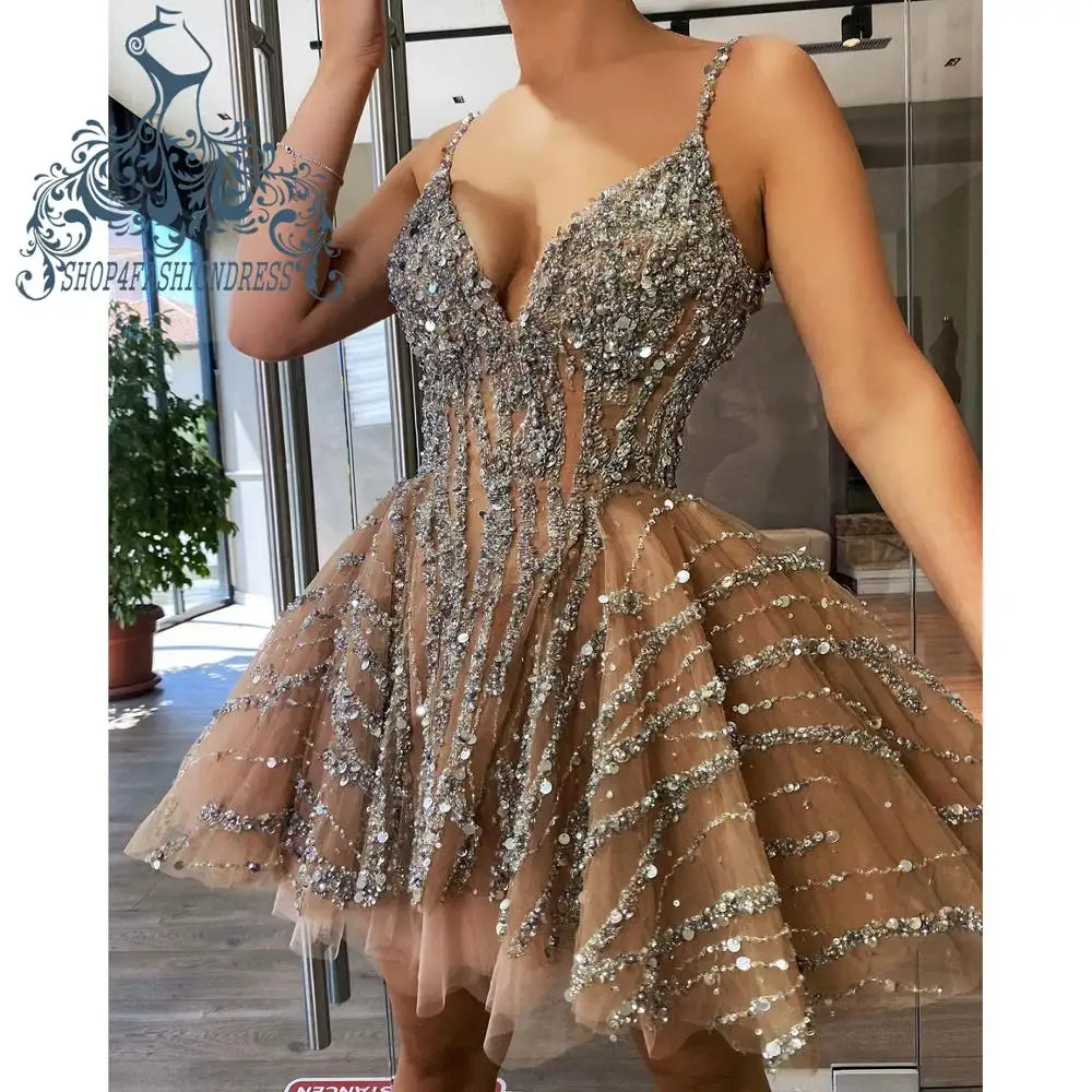 

Champagne Sexy V Neck Tulle Short Cocktail Dress Luxury Crystals Beaded A-line Party Gowns Pretty Homecoming Dresses Vestidos