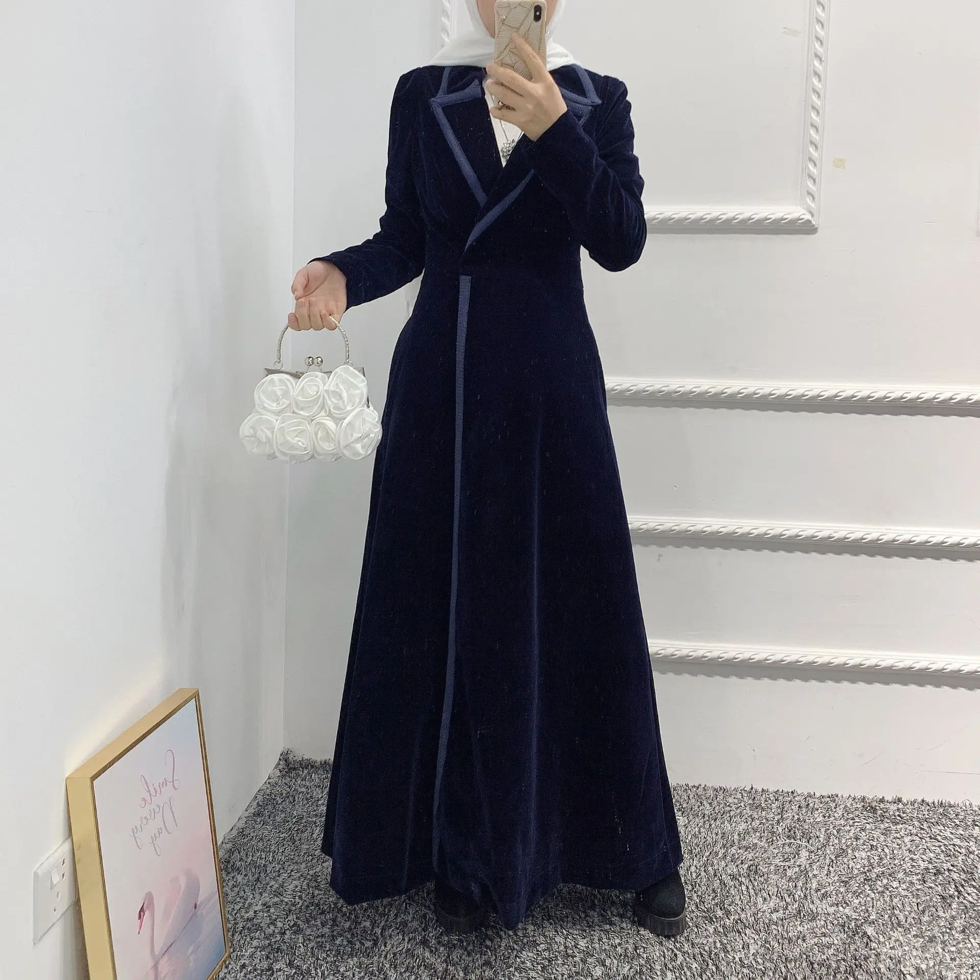 

Winter Fitted Long Velvet Trench Coat for Women 2021 Muslim Outwear Autumn Fashion Windbreaker Overcoat Islam Arab Clothes Navy