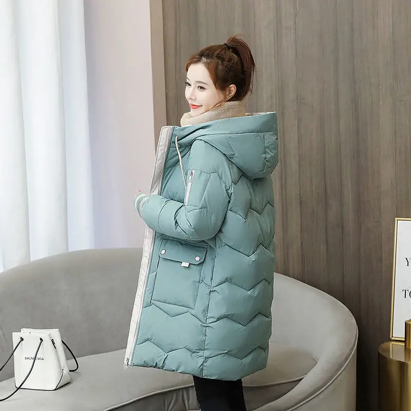 Winter Cotton Padded Jacket Women Hooded 2021 New Korean Office Lady Long Coats Parka Thickened Warm Mid-long Puffer Jacket